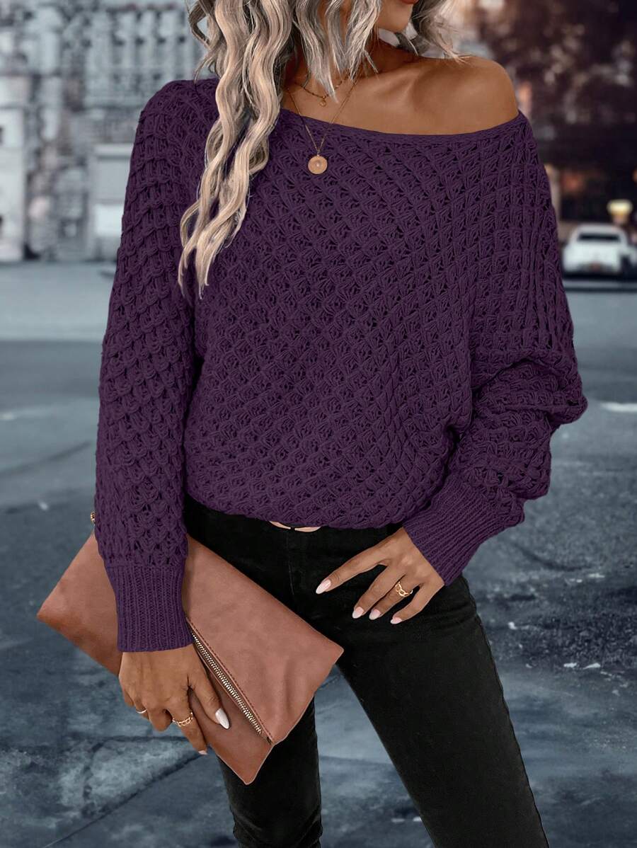 SHEIN Clasi 女士蝙蝠袖毛衣，长袖针织套头衫，秋冬毛衣 - 紫色 - 查看 1