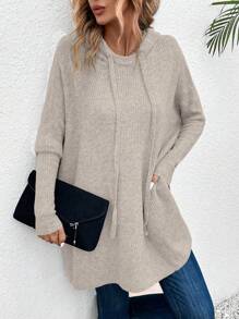 SHEIN LUNE 蝙蝠袖抽绳连帽针织套头衫 秋冬毛衣 - 灰色 - 查看 4