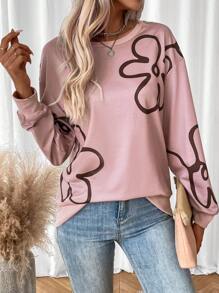 SHEIN LUNE Floral Print Drop Shoulder Sweatshirt - Khaki - View 1