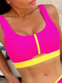 SHEIN Swim SPRTY 女士拼色比基尼套裝 - 粉色 - 查看 5