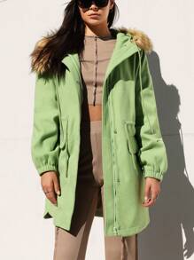 SHEIN EZwear Abrigo De Lana Con Capucha Y Cuello Para Mujer, Color Liso