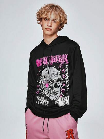 Goth Men's Letter & Skull Pattern Hooded Casual Sweatshirt