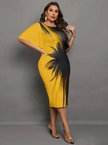 SHEIN Clasi Hơn In Đồ họa tay cánh Đầm - Màu vàng - Xem 1