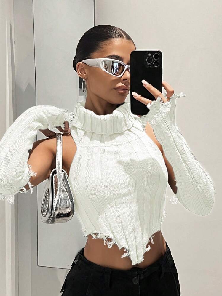 SHEIN ICON Y2k White Turtleneck Hanky Hem Crop Backless Knit Top