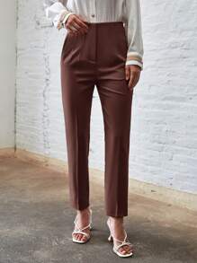 EURMUSE Solid Slant Pocket Seam Front Pants - Brown - View 4