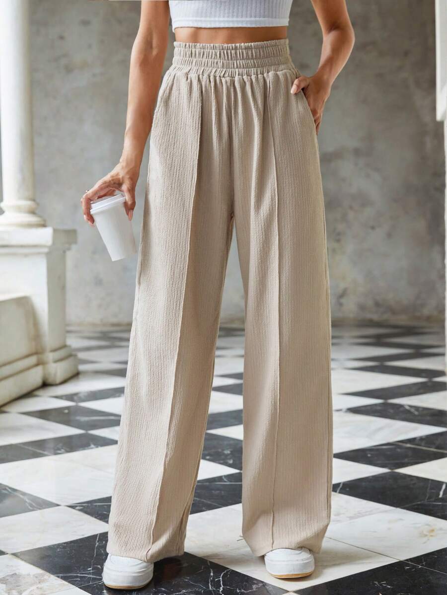 EURMUSE Solid Slant Pocket Wide Leg Pants - Beige - View 1