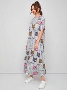 Seusyu Drop Shoulder Slogan & Cat Print Tee Dress - Multicolor - View 4