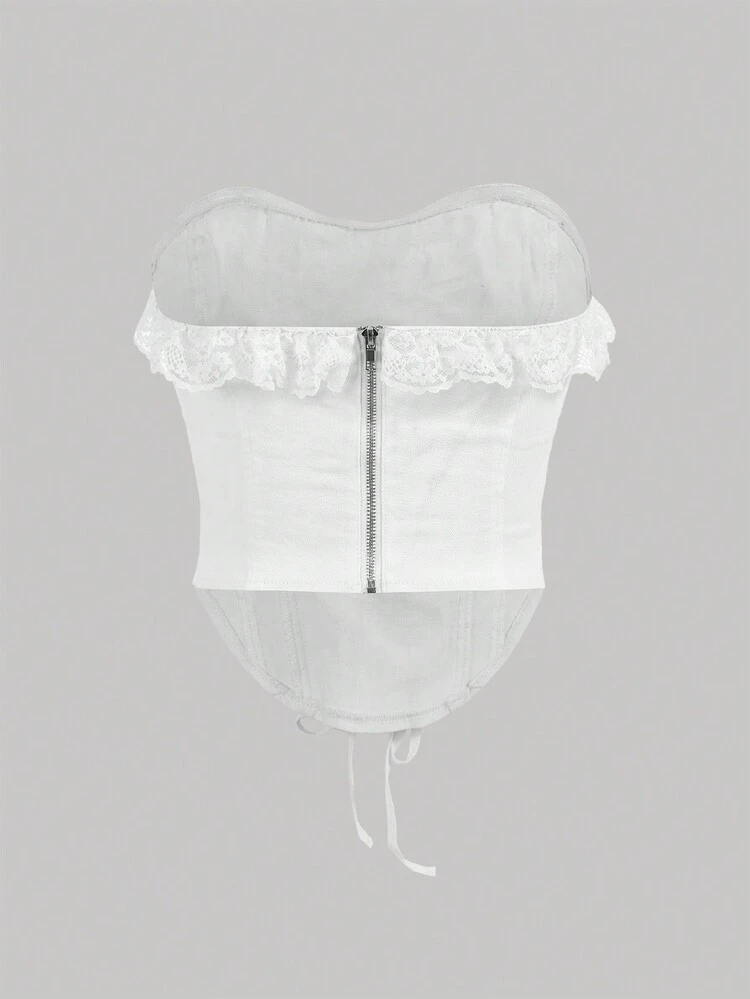 Women's White Lace Trimmed Strapless Denim Top With Tied Waist
