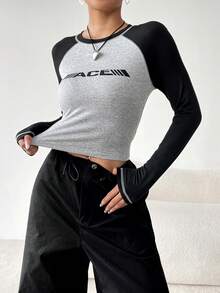 SHEIN EZwear Letter Graphic Raglan Sleeve Tee - Grey - View 5