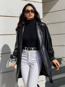 EURMUSE Ladies' Turn-down Collar Tie Belt Pu Jacket - Black - View 4