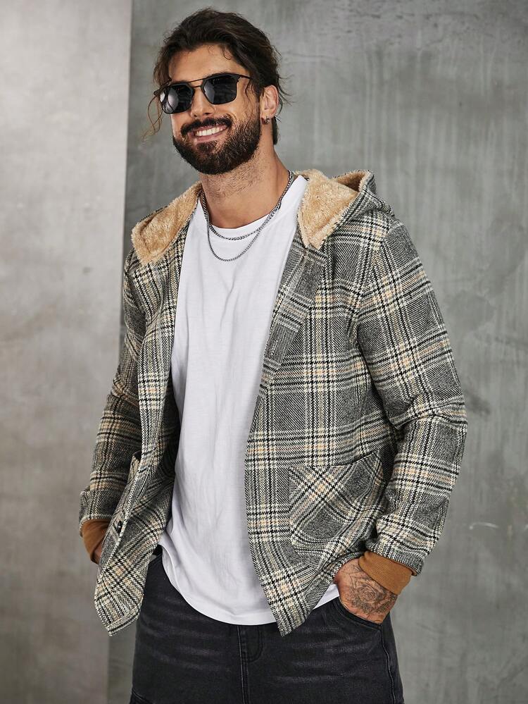 Men's Thick Plaid Hooded Retro Coat With Thermal Lined ,Gray, For Autumn& Winter Family Matching Outfits (4 Separate Pieces For )