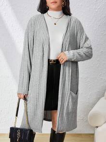 SHEIN Essnce Talla grande Abrigo con parte delantera abierta tejido de canalé - Gris - Ver 3