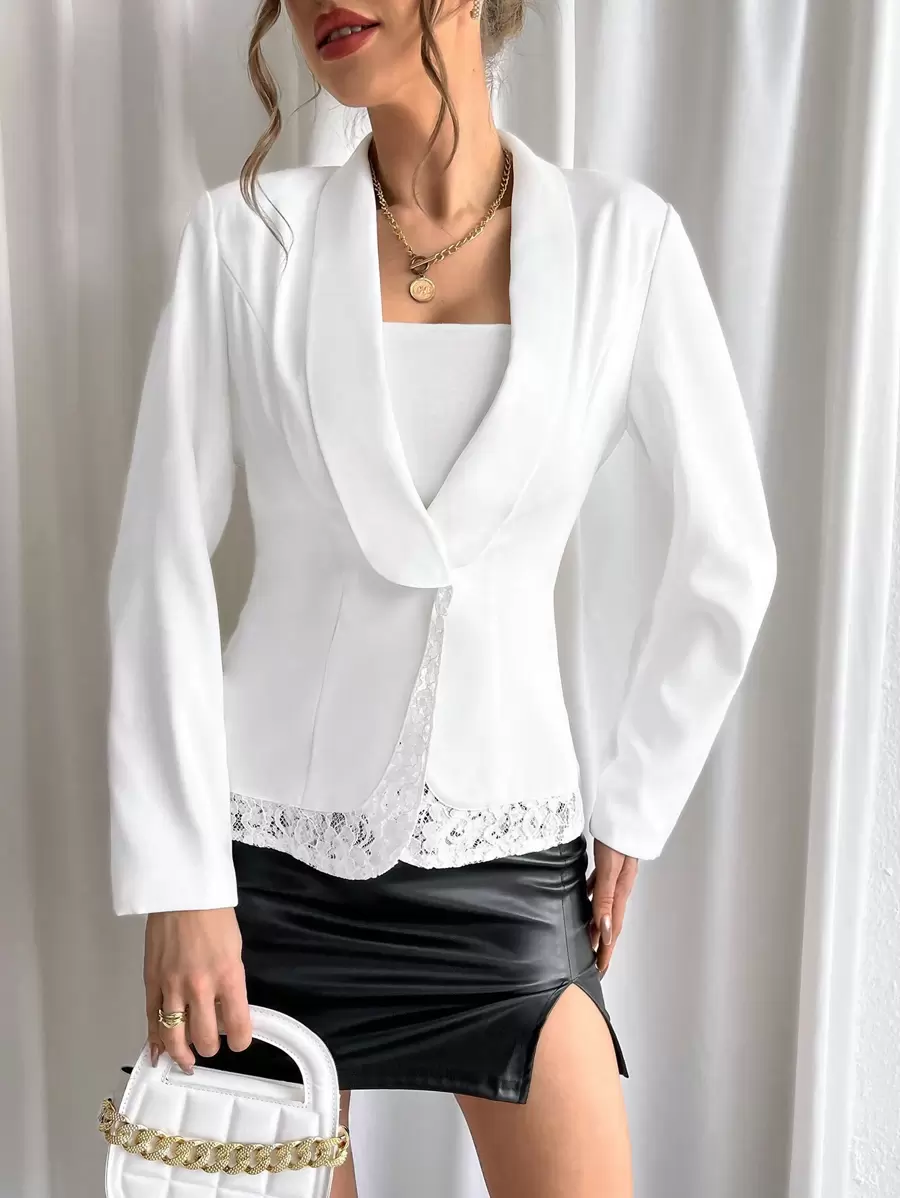SHEIN Privé Lace Splice Cape Collar Blazer - White - View 1
