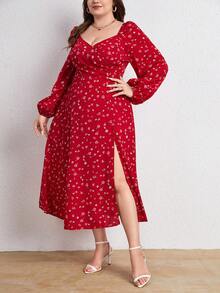 SHEIN Frenchy Vestidos Tallas Grandes Envolvente Abertura alta Fruncido floral de margarita Bohemio - Rojo - Ver 5