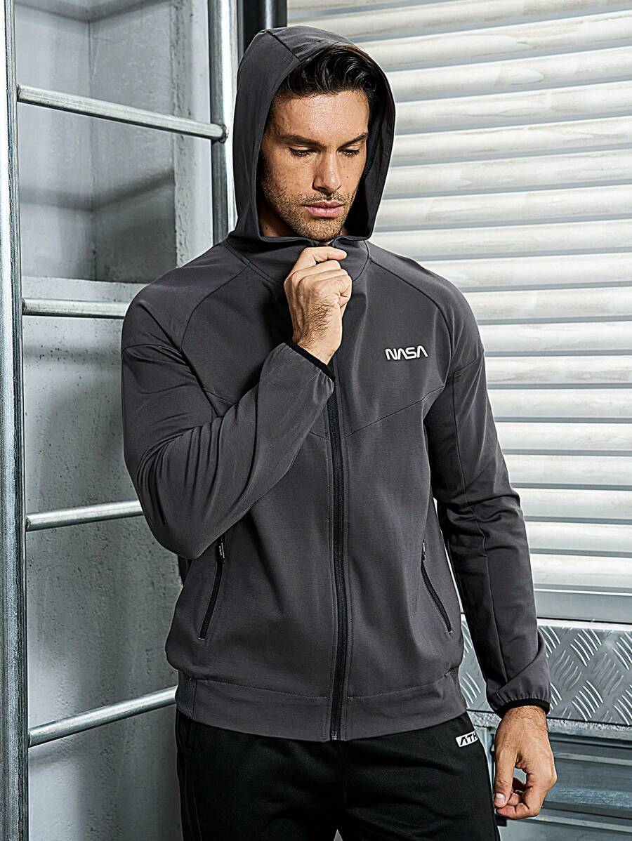 Manfinity Sport Corelite Men Letter Graphic Raglan Sleeve Hooded Sports Jacket Workout Tops Sports Jacket