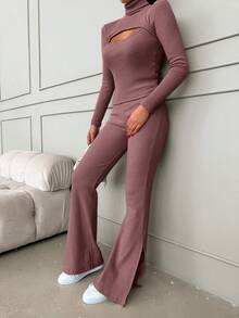 RueChic Cổ cao Xu hướng: Cắt giảm Áo thun Và Quần - Bụi hồng - Xem 3