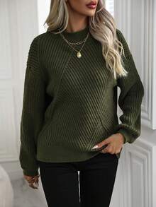 SHEIN LUNE Women'S Stand Collar Drop Shoulder Sweater - Army Green - View 4