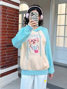 SHEIN EZwear 狗狗&字母圖案插肩袖抽繩連帽衫 - 藍色 - 查看 5