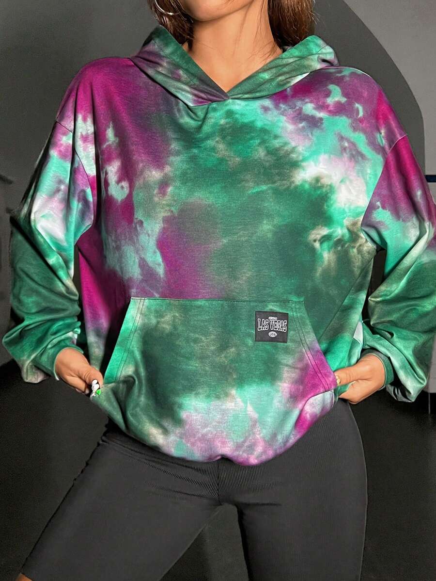 SHEIN EZwear 紮染字母補丁細節落肩袖連帽衫 - 彩色 - 查看 1