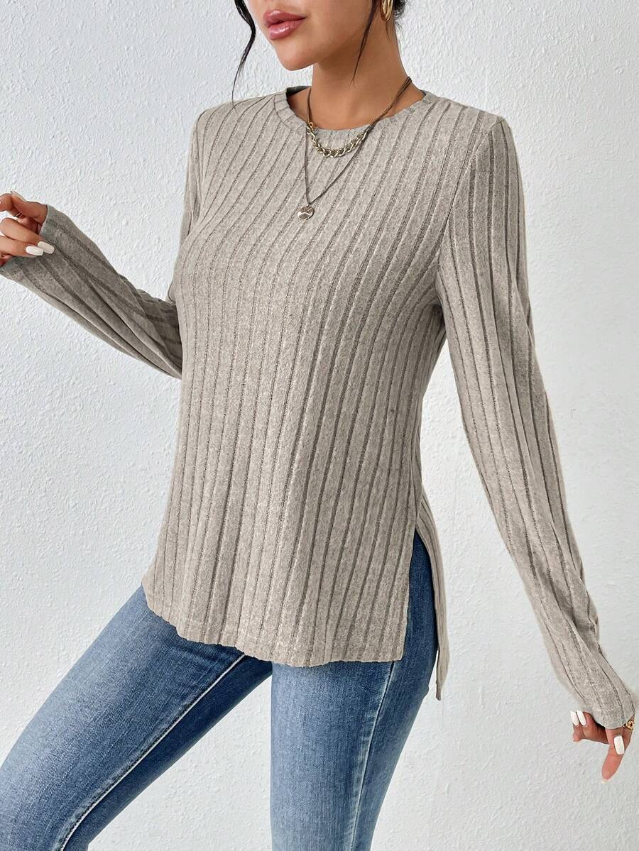 SHEIN Frenchy 素色下擺開叉T恤 - 杏色 - 查看 1