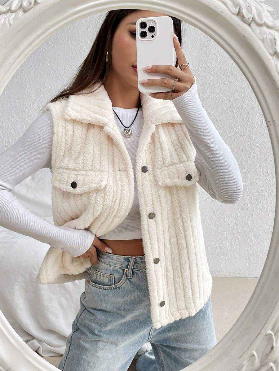 SHEIN Unity Chi tiết về Flap Teddy Áo khoác vest - Màu be - Xem 1