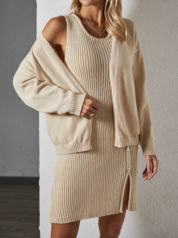 Drop Shoulder Cardigan & Split Hem Sweater Dress