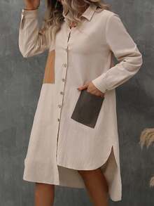 Plus Colorblock Patched Pocket Slit Hem Shirt Dress - Apricot - View 5
