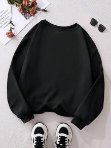 INAWLY Plus Leopard & Slogan Graphic Thermal Lined Sweatshirt, For Winter Pullover Fall Autumn - Black - View 2