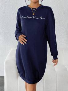 SHEIN Thai sản In Đồ họa Thả vai Đầm nỉ - Màu xanh hải quân - Xem 5