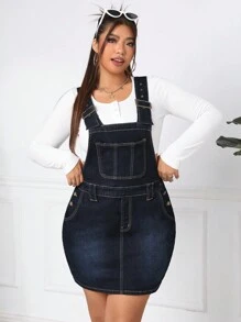 SHEIN EZwear Vestido Vaquero De Talla Grande Para Mujer Con Detalles De Bolsillo Y Botones - Azul - Ver 3