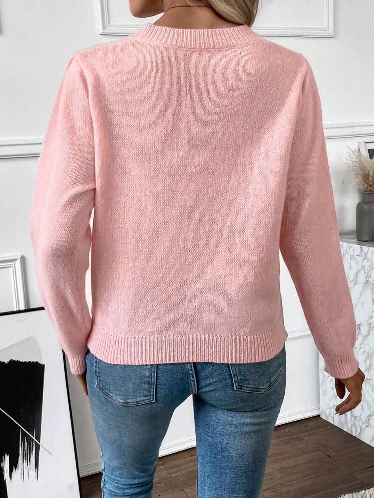 Stereo Flower Detail Round Neck Knit Pullover Fall Winter Sweater