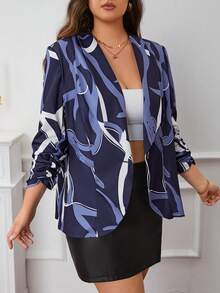 SHEIN LUNE Plus Graphic Print Shawl Collar Blazer - Navy Blue - View 4