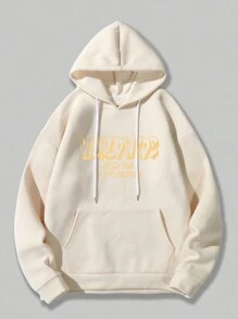 ROMWE MEN Street Life 男士字母印花束線連帽運動衫 - 卡其色 - 查看 2