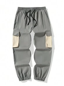 Manfinity EMRG Nam Tương phản Màu sắc Eo dây rút Flip Túi Dài Quần - Màu xám đen - Xem 3