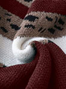 SHEIN LUNE Áo len cỡ lớn in họa tiết da báo phối màu, áo len chui đầu dệt kim, áo len mùa thu đông. - Màu Đỏ Sâu - Xem 5