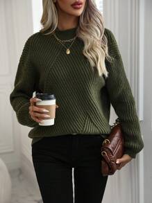 SHEIN LUNE Women'S Stand Collar Drop Shoulder Sweater - Army Green - View 1