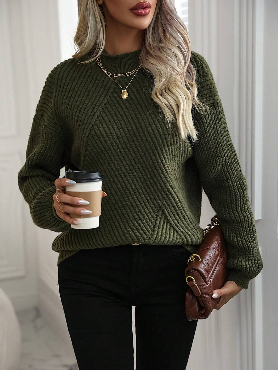 SHEIN LUNE Women'S Stand Collar Drop Shoulder Sweater - Army Green - View 1