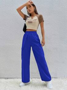 SHEIN PETITE Elastic Waist Flip Pocket Cargo Pants - Royal Blue - View 3