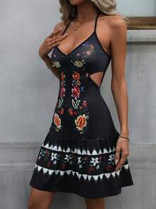 SHEIN LUNE 印花後背繫帶荷葉邊掛脖洋裝 - 彩色 - 查看 4