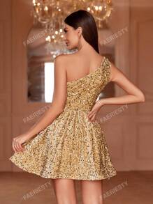 Single-Shoulder Sleeveless Sparkling Sequin Mini A-Line Party Dress For Summer Evening Events