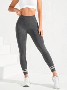 Yoga Basic 條紋印花寬腰帶運動打底褲,訓練褲 - 灰色 - 查看 4