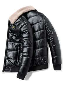 Men Borg Collar Letter Patched Detail Padded Coat - Black - View 3