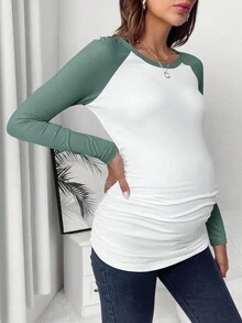 SHEIN 孕婦撞色插肩袖褶邊T恤 - 綠色 - 查看 4