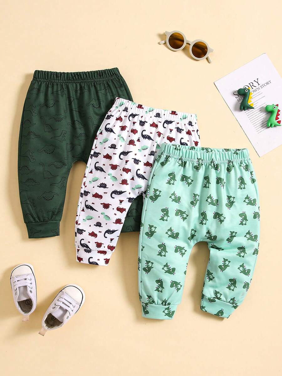 SHEIN Baby Boy 3pcs Dinosaur Print Sweatpants - Multicolor - View 1