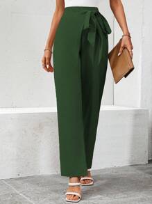 SHEIN Clasi Pantalones rectos unicolor con nudo lateral - Verde - Ver 3