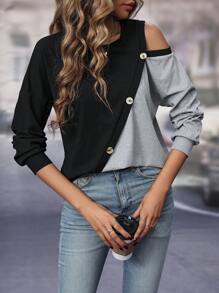 SHEIN LUNE Khối màu Chi tiết Nút Áo thun - màu đen - Xem 6