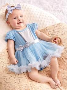 SHEIN Newborn Baby Girls' Puff Sleeve Dress With Bowknot & Mesh Skirt, With Headband 2pcs/Set - Baby Blue - View 3