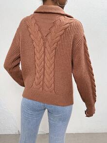 SHEIN Essnce Cable Knit Zipper Front Drop Shoulder Sweater - Coffee Brown - View 2