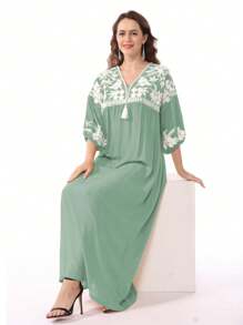 RAMADAN Floral Embroidered Patchwork Tasseled Drop Shoulder Arabian Women Elegant Dress JALABIA 2025 Spring Summer Eid Al Adha,Modest