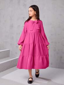 SHEIN Cô gái Tween Cà vạt Tay áo lồng đèn Xù Hoa Sen Váy Smock - Màu Hồng Tươi - Xem 1